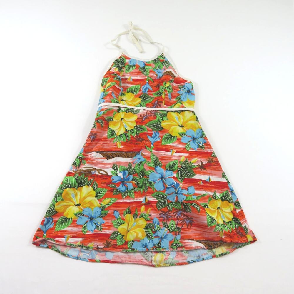 Hana Hawaiian Apron Dress Made in USA Cotton Sz L Colorful 1980s